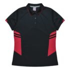 A black polo shirt with red panels on the sides and red piping along the collar. It has short sleeves and a three-button placket.