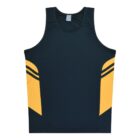 A sleeveless athletic tank top with a dark blue base and bright yellow side panels. The design includes three navy blue diagonal stripes on each of the yellow panels. The top has a round neck and a relaxed fit.