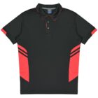 A black polo shirt with red accents on the sleeves and sides. The shirt has a standard collar and three buttons at the front.