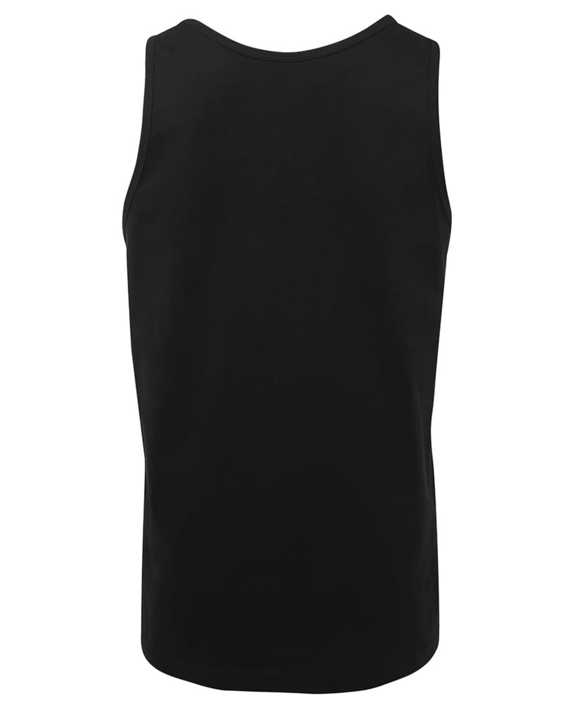 A plain black tank top displayed against a white background, showing the back view. The tank top has a sleeveless design with a simple, clean cut.
