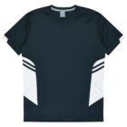 A dark green sports T-shirt with white and black geometric patterns on the sides and sleeves, laid flat against a white background.