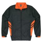 A dark green jacket with an orange collar and orange side panels featuring two diagonal stripes on each side. The jacket has a front zipper and elasticized cuffs.