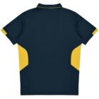 A navy blue polo shirt with short sleeves and a collar, featuring bright yellow side panels. The shirt is displayed from the back on a white background, highlighting its sporty design.