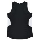 A black sleeveless athletic tank top with white panels on the sides. The back view is shown, featuring a simple design with a rounded neckline.