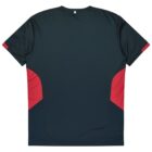 A dark green short-sleeve shirt with red diagonal panels on the sides, shown from the back. The shirt is simple in design, with a small white tag at the top center near the neckline.