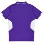 A purple short-sleeve polo shirt with a white collar. The back of the shirt features white accents along the sides and shoulders. The fabric appears smooth and breathable, typically associated with sportswear.