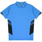 A blue polo shirt with short sleeves and a collar, featuring black side panels and two black horizontal stripes on each side. The shirt has three buttons at the neckline.