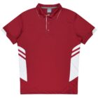 A red polo shirt with a collar and buttons. It features white accents on the sides and sleeves, with a couple of horizontal white stripes on each side.
