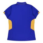 A blue polo shirt with short sleeves and a collar, featuring yellow side panels and yellow accents on the sleeve edges. The shirt is laid flat with the back side visible.
