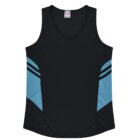 A black athletic tank top with a V-neck and blue geometric side panels.