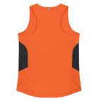 An orange athletic tank top with a racerback design. It features black triangular accents on the sides and a light gray tab at the back neckline.