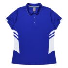 A blue polo shirt with a collar and three buttons. It features white sections on both sides and white stripes on the sleeves.