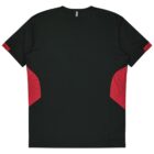 A black T-shirt with red geometric panels on the sides, shown from the back. The shirt is short-sleeved with a round neckline, displayed against a white background.