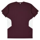 Back view of a short-sleeved maroon shirt featuring contrasting white panels on the sides. The shirt has a solid color with a simple design, highlighting its sporty look.