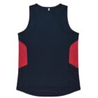 A sleeveless black sports tank top with red side panels. The back view shows simple stitching and a relaxed fit. The design is minimalist, suitable for athletic activities.