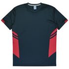 A dark green sports t-shirt with short sleeves and red accents on the sides and near the sleeves. The shirt has a round neckline and a blue label on the inside collar.