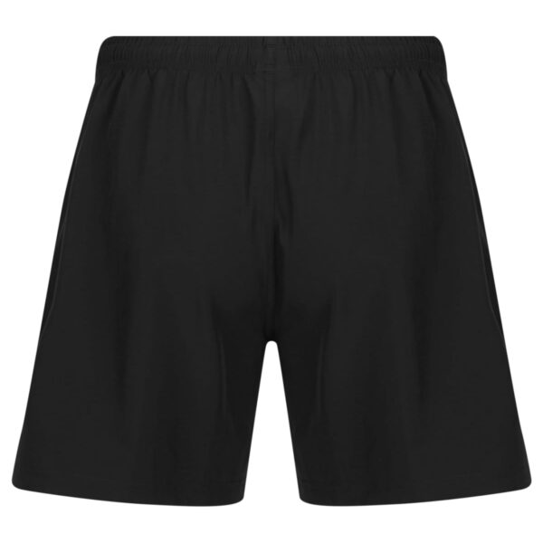 A pair of plain black shorts with an elastic waistband is shown against a white background. The shorts have a simple design and reach above the knees.