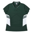 A dark green polo shirt with white accents around the waist and sleeves. The shirt features a classic collar and button-up neckline. The design includes two white stripes on each side for a sporty look.