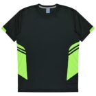 A black athletic t-shirt with bright green geometric panels on the sides and green accents on the sleeves. The design features horizontal black stripes on the green panels. The shirt has a classic crew neck and short sleeves.