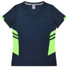 A navy blue athletic T-shirt with a V-neck and short sleeves. It features bright green side panels and two thin horizontal green stripes on each side.