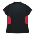 A black short-sleeve polo shirt with red accents on the sleeves and side panels, shown from the back.