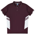 A maroon polo shirt with short sleeves and white geometric accents on the sides and sleeves. It has a classic collar and a three-button placket.