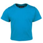 A plain turquoise short-sleeve T-shirt with a round neckline is displayed against a white background.