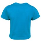 A plain blue childs T-shirt is displayed against a white background. The shirt is shown from the back, highlighting its simple design and short sleeves.
