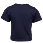 A plain navy blue short-sleeve T-shirt is shown from the back, displayed against a white background.