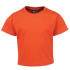 Bright orange short-sleeve T-shirt on a white background. The shirt has a round neckline and a label visible at the back collar.