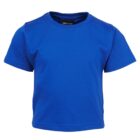 A plain blue short-sleeve T-shirt on a white background. The T-shirt has a simple crew neck design with no visible patterns or logos, except a small manufacturers tag at the neckline.