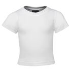 A plain white short-sleeved t-shirt on a white background.