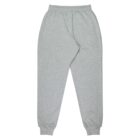 A pair of light gray sweatpants with an elastic waistband and cuffs, laid flat.