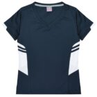 A black athletic T-shirt with a V-neck design. It features white geometric accents on the sides and sleeves, creating a sporty look. The shirt is displayed on a plain white background.