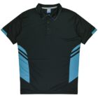 A black polo shirt with a collar and three buttons. It features light blue accents on the shoulders and sides, and two light blue stripes on each side near the bottom. The fabric has a smooth texture.