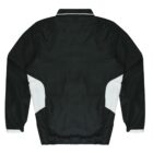 A black jacket with white accents on the sides and cuffs, viewed from the back. The jacket features a simple design with a straight cut and no visible logos or patterns.