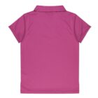 A back view of a magenta short-sleeve polo shirt with a collar, displayed against a white background.
