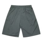 A pair of loose-fitting green shorts with an elastic waistband, laid flat on a white background.