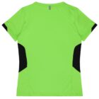 A bright green short-sleeve athletic shirt with black accent panels on the sides and a small central loop near the neckline, displayed on a plain white background. The shirt is shown from the back.