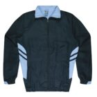 A dark blue jacket with light blue accents on the shoulders and sides. It features a front zipper, long sleeves with elastic cuffs, and a collar.