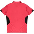 A red polo shirt with black side panels and a collar. The shirt is laid flat and shown from the back.