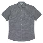Gray short-sleeve button-up shirt with a subtle grid pattern featuring a front pocket on the left side. The shirt has a classic collar and white buttons.