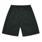 A pair of black athletic shorts with an elastic waistband, laid flat on a white background. The fabric appears smooth and slightly shiny, with a loose fit design.