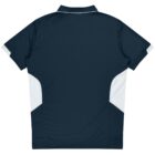 Back view of a dark blue collared sports shirt with short sleeves and white side panels. The shirt has a simple design, suitable for casual or athletic wear.