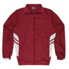 A red track jacket with a front zipper, featuring white accents on the sides and the collar. The jacket has long sleeves with elastic cuffs.