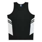 Black sleeveless athletic shirt with white diagonal stripes on the sides, displayed on a white background.
