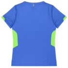 A blue short-sleeve athletic shirt with lime green panels on the sides, viewed from the back. The shirt features a rounded neckline and is made of lightweight, breathable fabric.