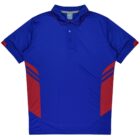 A blue polo shirt with a collar and short sleeves featuring red accents and stripes on the sides.