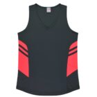 A sleeveless athletic shirt with a v-neck design. The shirt is primarily black with bold red sections and black stripes on the sides.