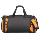 A black and orange duffel bag with multiple compartments, a pair of handles, and an adjustable shoulder strap. The bag appears spacious and sturdy, suitable for travel or sports activities.